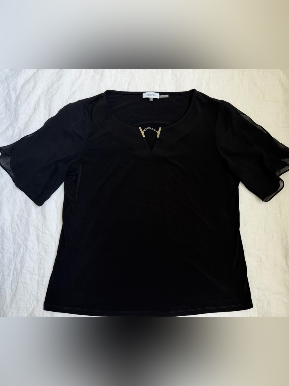 Calvin Klein Black Short Sleeve Top with Sheer Flutter Sleeves and Accent